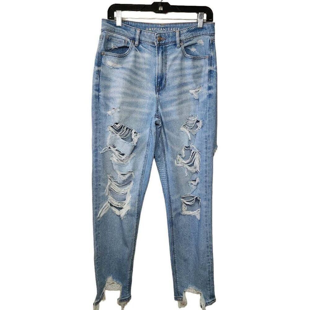 American Eagle Women Jeans, Distressed High Rise Tapered Leg Mom Jeans, Sz 8L